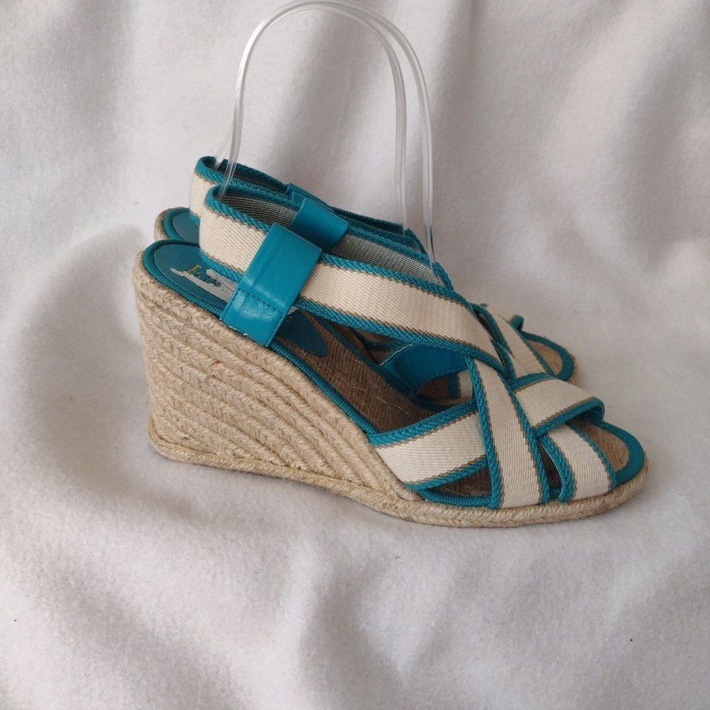 Lauren Ralph Lauren Womens Wedge Sandals 6.5 Ivory Teal Strappy Espadrilles - Picture 2 of 9